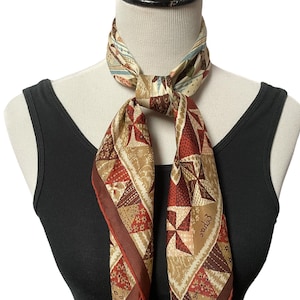 Vintage Brown Genuine Silk Scarf, Geometric Scarf, Head Scarf Hair Wrap, 26 Inch Square Scarf, Best Gift for Her