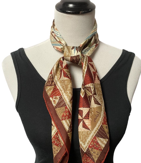 Vintage Brown Genuine Silk Scarf, Geometric Scarf… - image 1