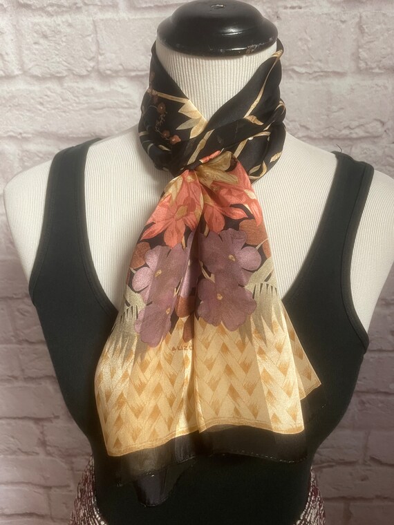 Vintage Liz Claiborne Long Black Silk Scarf, Flor… - image 3