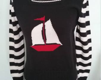 Vintage Womens Navy Blue Nautical Sweater, Cotton Knit Sweater, Spring Sweater