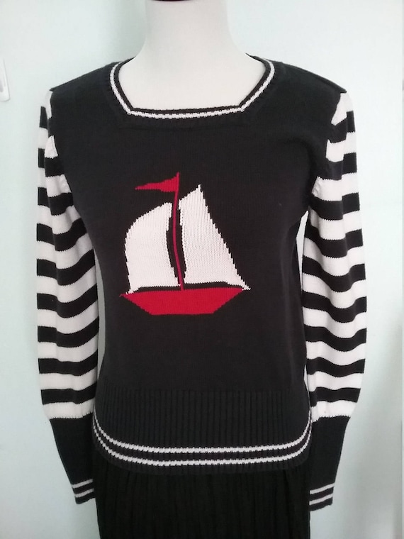 Vintage Womens Navy Blue Nautical Sweater, Cotton 