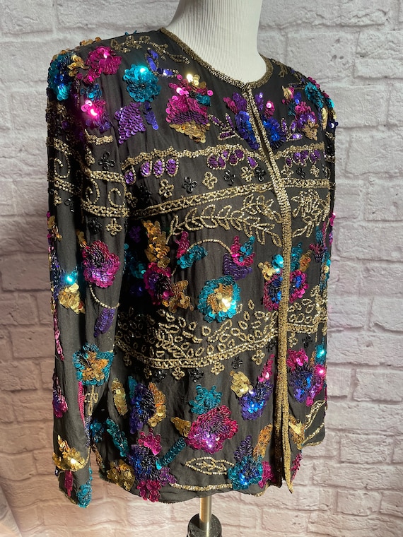 Vintage Sequin Jacket, Beaded Evening Jacket, Bla… - image 2