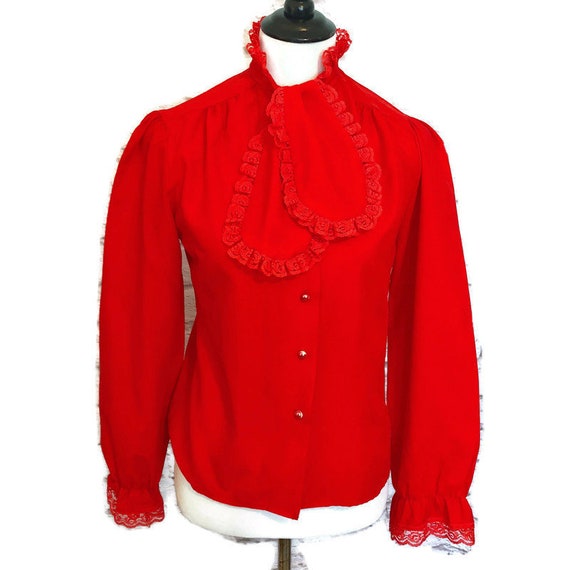 Vintage Red Ruffled Blouse, Ruffle Blouse, Red Bl… - image 2