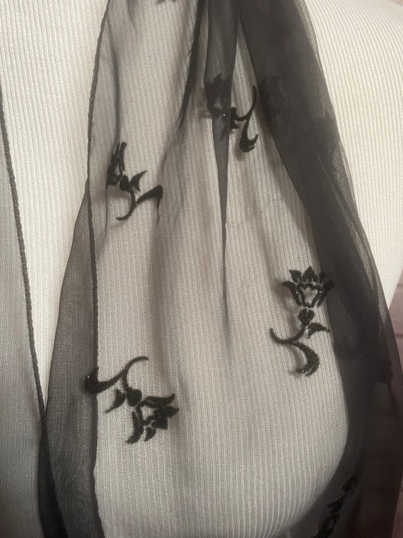 Vintage Sheer Black Floral Scarf, Long Silk Scarf… - image 6