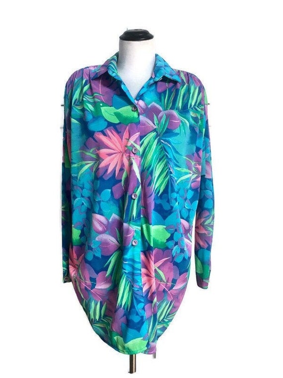 Vintage Blue Oversized Blouse, Womens Tropical Blo