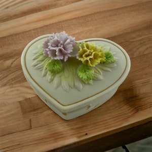 Vintage Ceramic Covered Heart Shape Trinket Box with Flowers, Ring Dish