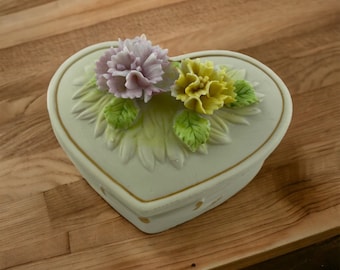 Vintage Ceramic Covered Heart Shape Trinket Box with Flowers, Ring Dish