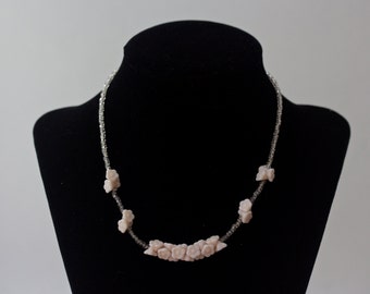 Vintage Glass Bead and Pink Floral Necklace