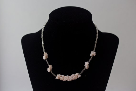Vintage Glass Bead and Pink Floral Necklace