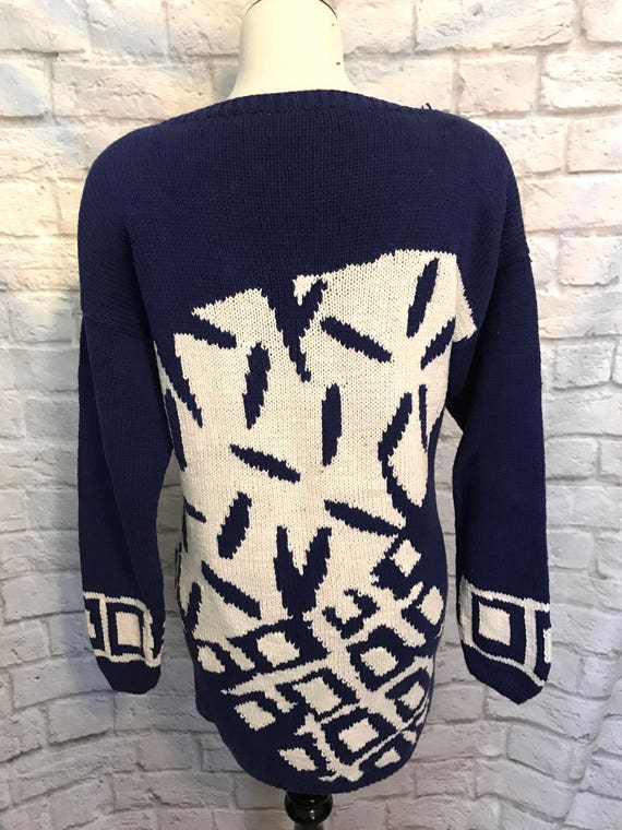 Vintage Blue and White Chunky Long Cotton Knit Sw… - image 3