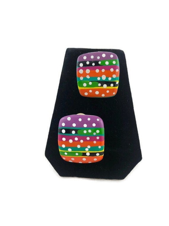 Vintage Colorful Rainbow Large Square Mod Earrings - image 1