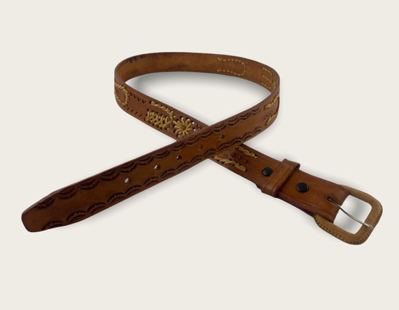 Vintage Brown Tooled Leather Western Belt, Wide L… - image 3