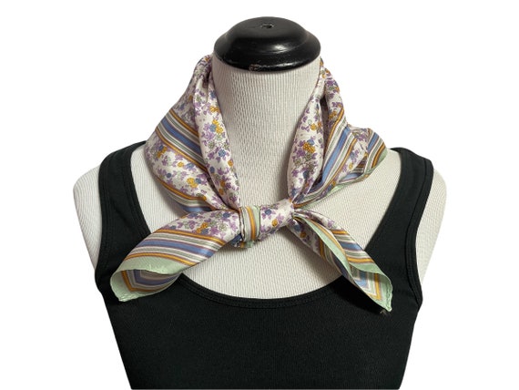 Vintage Green Blue and Purple Square Floral Scarf - image 3