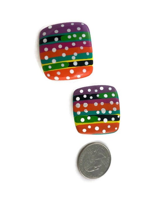 Vintage Colorful Rainbow Large Square Mod Earrings - image 3