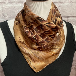 Vintage Genuine Silk Brown Scarf, Small Square Scarf, Botanical Print Scarf, Head Scarf Hair Wrap, Best Gift for Her, Gift for Mom