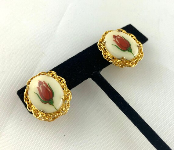 Vintage Victorian Style Rosebud Clip Earrings - image 2