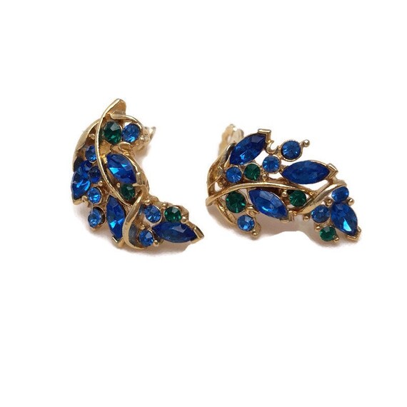 Vintage Blue Rhinestone Clip On Earrings, Special… - image 6