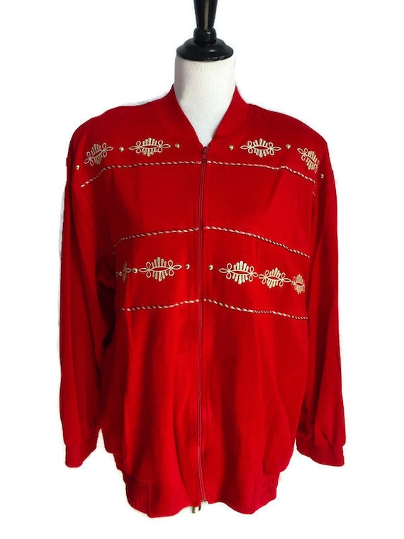 Vintage Gepetto Red Oversized Embellished Bomber … - image 1