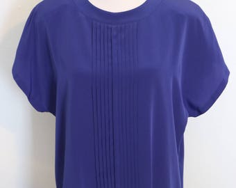 Vintage Liz Claiborne Royal Blue Front Pleated Short Sleeve Blouse