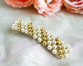 Vintage Gold Tone and Faux Pearl Hair Barrette, Pearl and Gold Hair Clip, Bridal Hair Clip