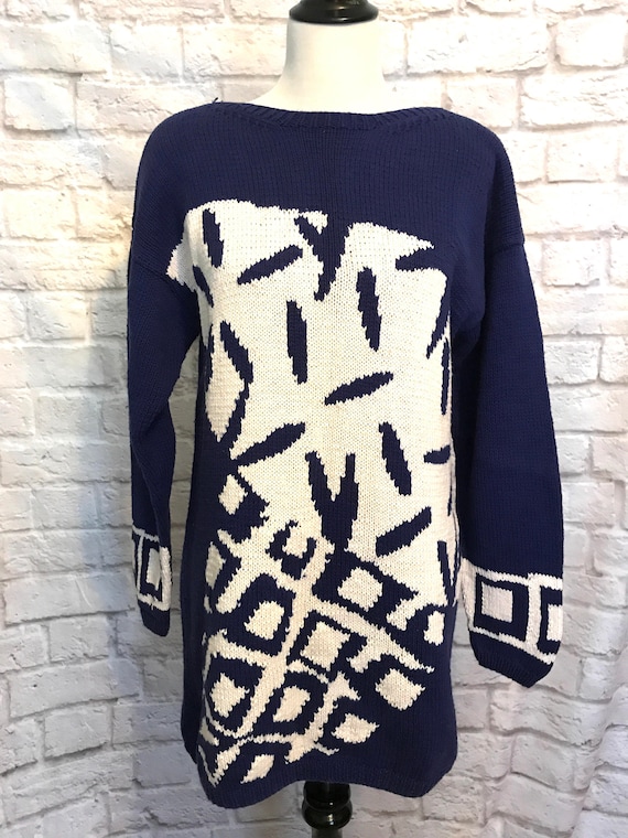 Vintage Blue and White Chunky Long Cotton Knit Sw… - image 1