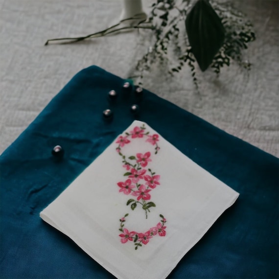 Vintage Embroidered Handkerchief, Pink Floral Han… - image 1