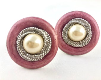 Vintage Pink Enamel Earrings, Oversized Earrings, Large Round Earrings, 90s Earrings, Clip On Earrings, Best Gift for Her