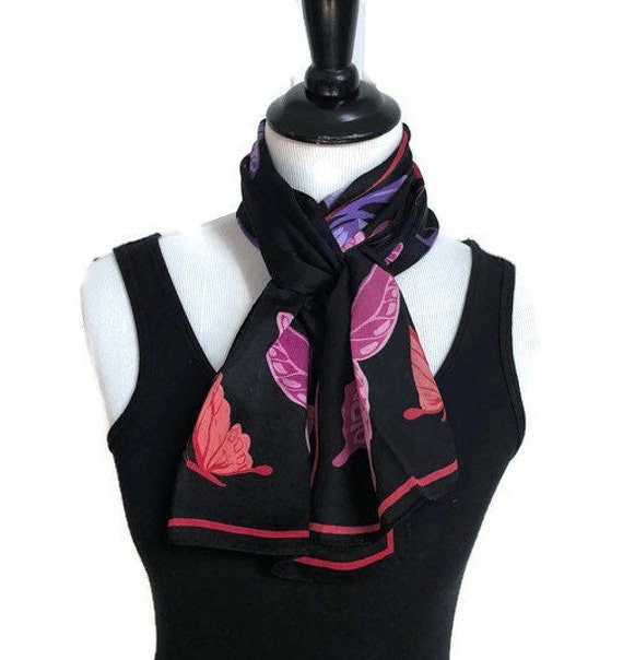 Vintage Long Black Silk Scarf, Butterfly Scarf, H… - image 1