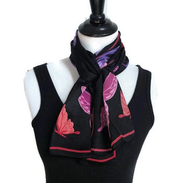 Vintage Long Black Silk Scarf, Butterfly Scarf, Head Scarf Hair Wrap, Long Silk Scarf, Silk Sash