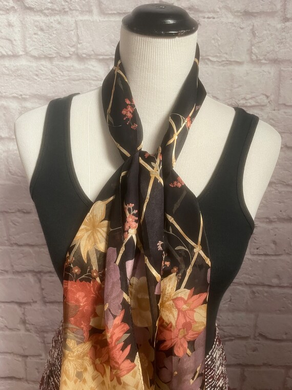 Vintage Liz Claiborne Long Black Silk Scarf, Flor… - image 4