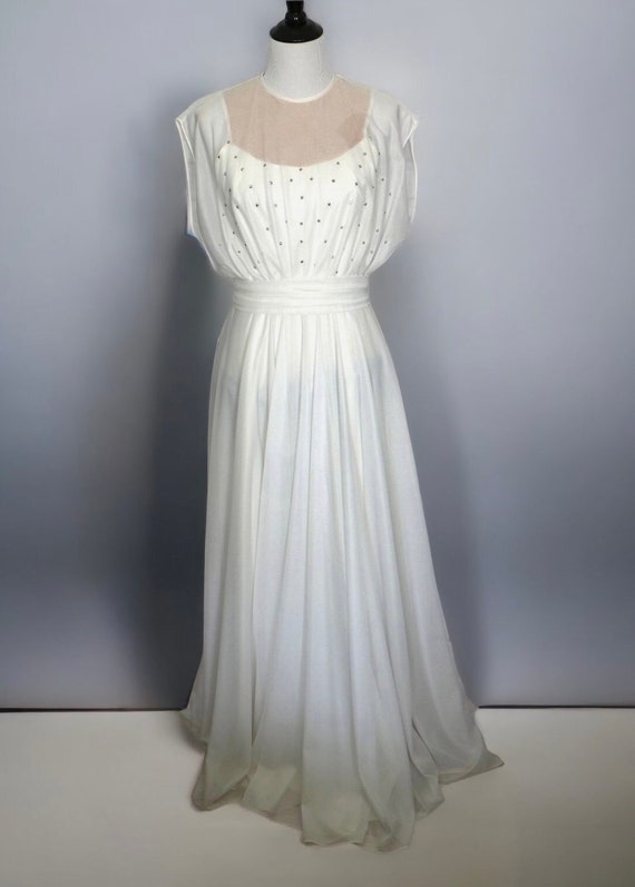 Vintage White Evening Gown, Sequin Evening Dress, 