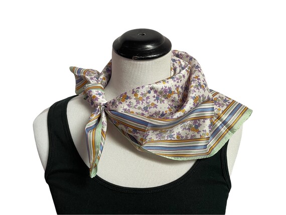 Vintage Green Blue and Purple Square Floral Scarf - image 4