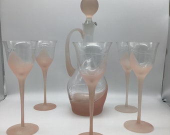 Melinda Pink Frosted & Cut Glass Wine Set Decanter 5 Glasses