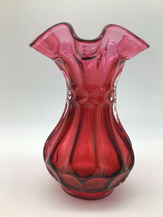 フェントン クランベリー花瓶 ラッフルトップ フルート＆ドット