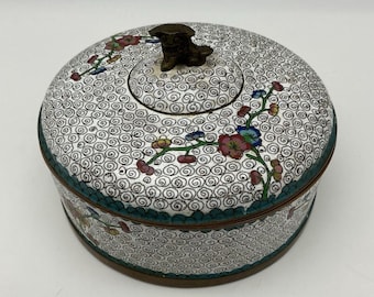 Cloisonné-prydnadssak/fackverksask med blomstermotiv Foo Dog-finialhandtag märkt Kina
