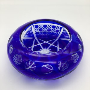 Vintage Cobalt Blue Cut To Clear Lead Crystal Candy Dish/ Jewelry Trinket Bowl