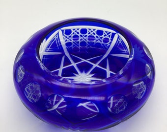Vintage Cobalt Blue Cut To Clear Lead Crystal Candy Dish/ Jewelry Trinket Bowl
