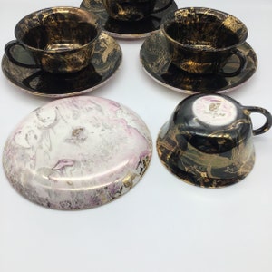 Sascha Brastoff MCM Surf Ballet Set Of 4 Teacups & Saucers 1950s Marbled Black Gold Pink