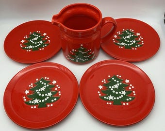 Waechtersbach, västra Tyskland, röd kanna, 1970-tal, set med 4 salladstallrikar, 7,75 tum