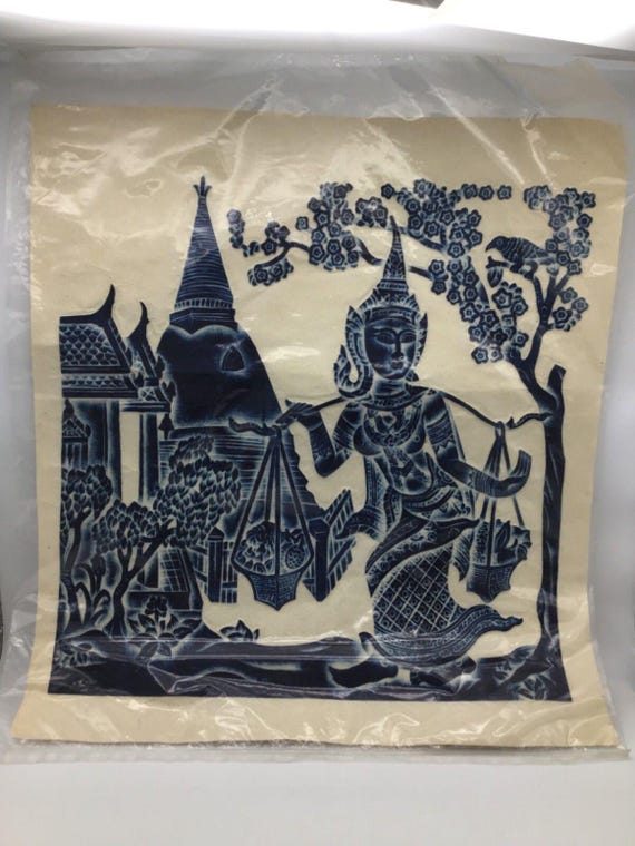 ライスペーパー タイ木版画 ブルーテンプルラブ 21インチ x 19インチ 