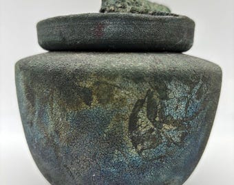 Richard Meyer 1990 Raku ingefärsburk abstrakt lock skimrande innerglasyr 5,25 tum