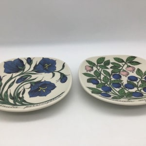 Puede incluir: Dos platos de cerámica blanquecina con diseños florales. Uno presenta campanillas azules y tallos verdes, el otro tiene bayas azules, capullos rosas y hojas verdes. Cada plato tiene texto botánico.