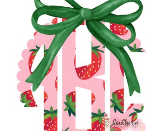Strawberry and Green Monogram, Digital Download, Sublimation, Strawberry and Coquette Bow Monogram png, dtf, INSTANT DOWNLOAD