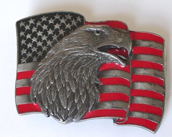Vintage American Eagle Flag Belt Buckle Siskiyou Buckle Co. Ashland Oregon Made in USA