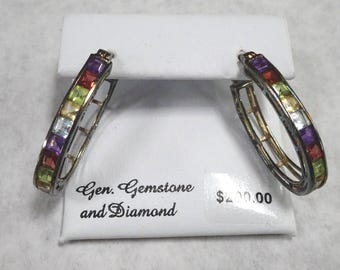 Vintage Pair Kohls 18K Gold Over Sterling Silver Multi Gem Hoop Pierced Earrings