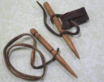 Primitive Corn Husking Farm Tool Leather straps Wood Bobbins