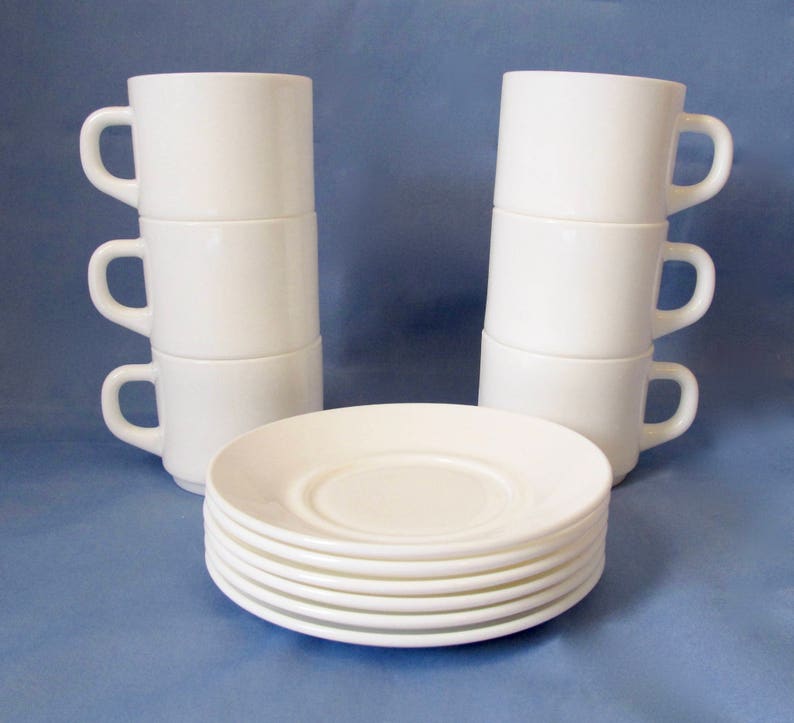 Set of 6 Arcopal Cups and Saucers White Milk Glass Stacking Etsy