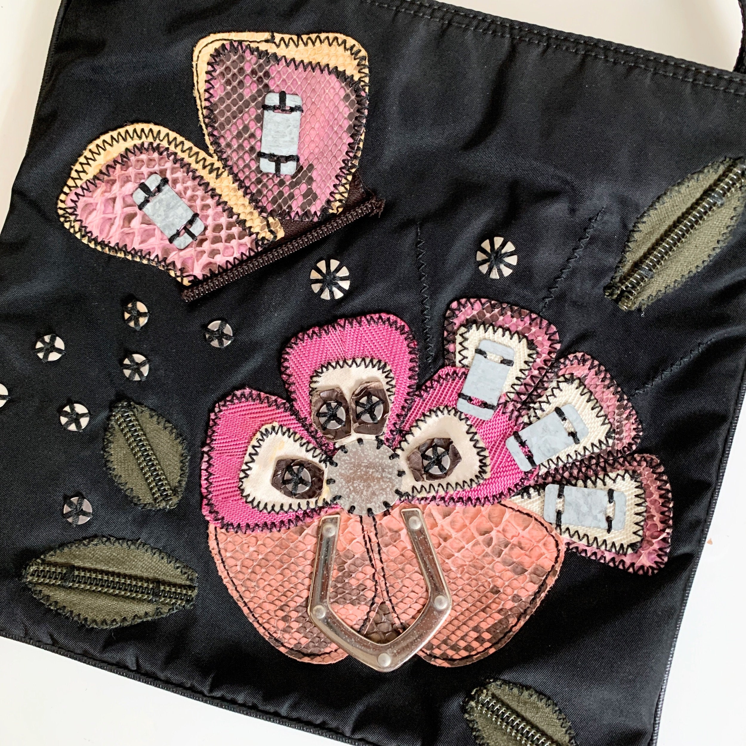 PRADA Flower python embroidery decoration Nylon Black shoulder bag 