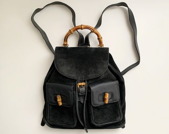 Gucci vintage bamboo Black leather backpack