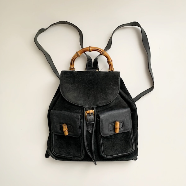 Gucci vintage bamboo Black leather backpack